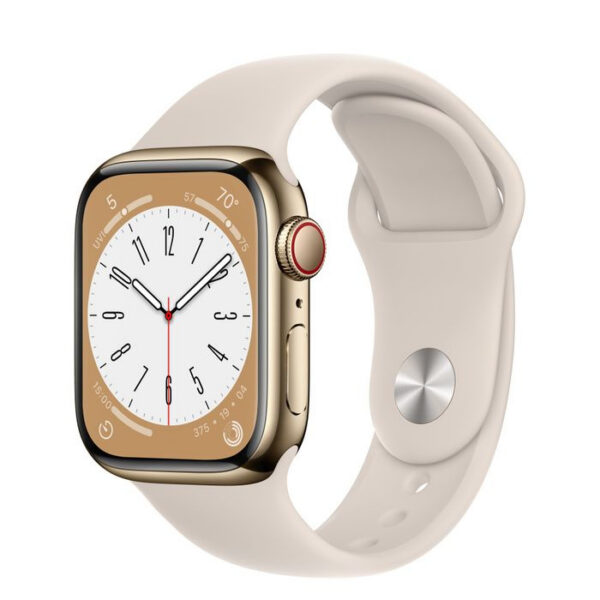Apple Watch Series 8 45mm GPS + LTE, Gold Stainless Steel Case with Starlight Sport Band (MNKM3)