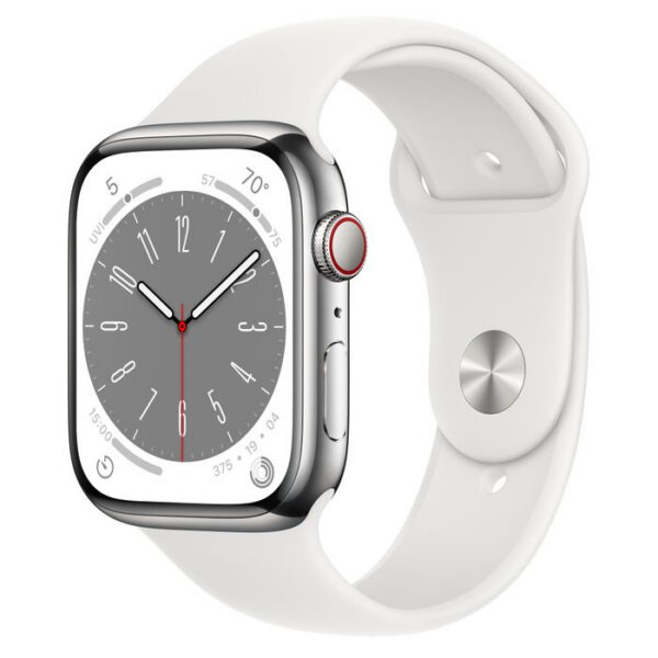 Apple Watch Series 8 41mm GPS + LTE, Silver Stainless Steel Case with White Sport Band (MNKE3)